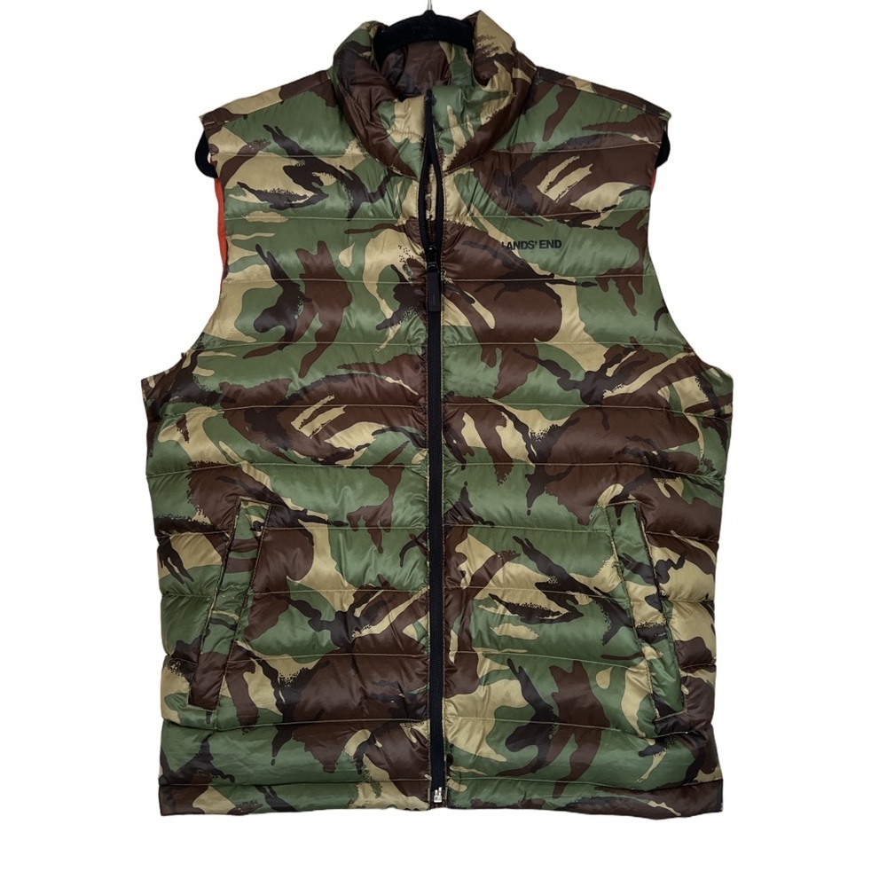 Lands' End Men's Wanderweight packable down Green and Brown Camouflage Vest - Picture 1 of 6